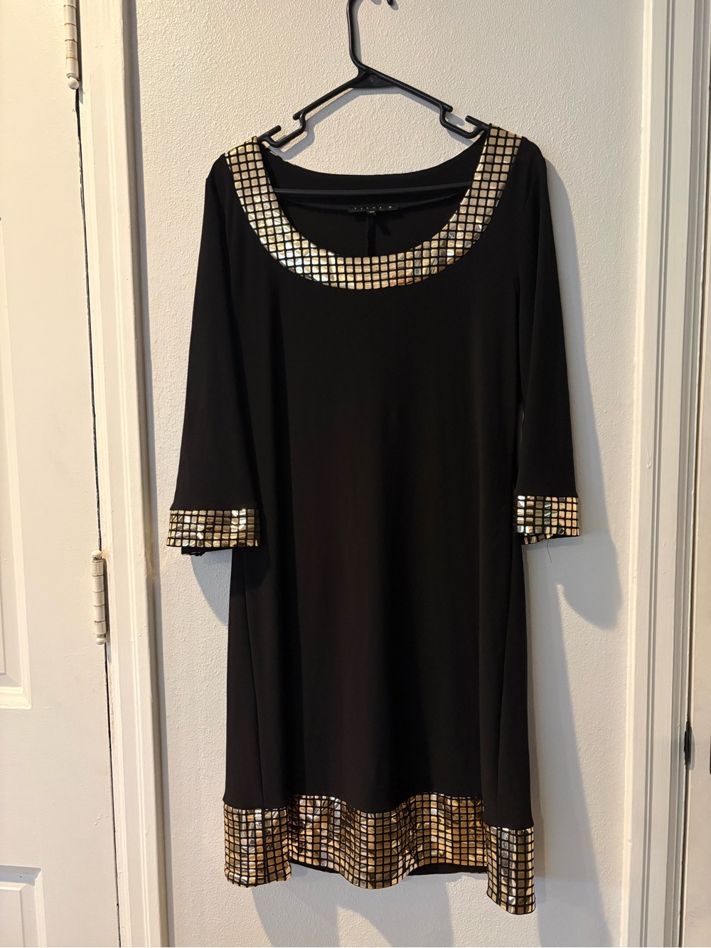 Tiana B. Black Top with Gold Grid Accents